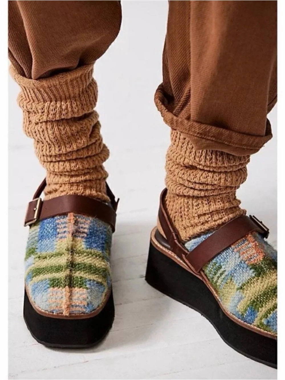 Free People Astrid Platform Mule in Blue Tweed Motif - Slides